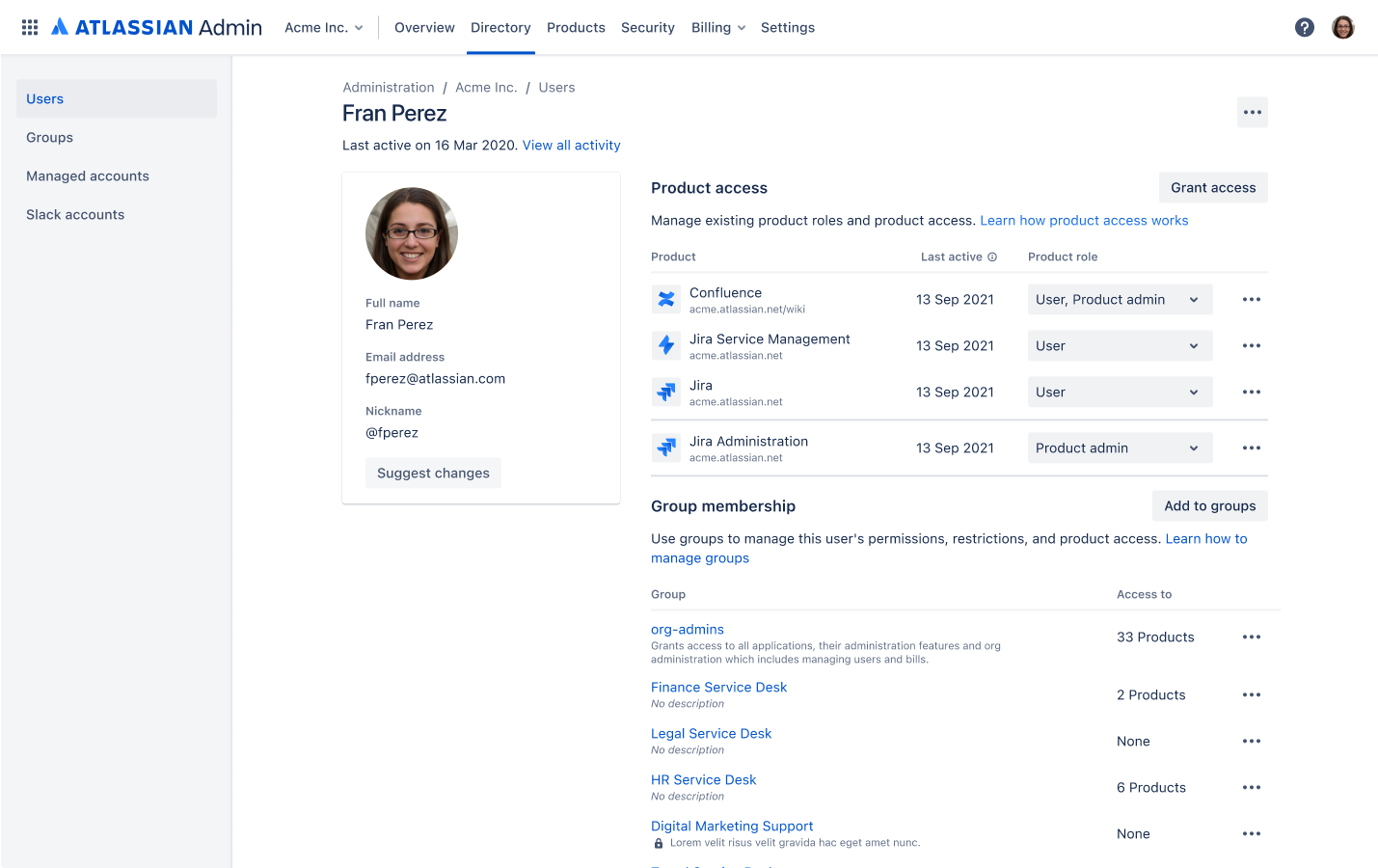 User profile page, with the product admin role for Jira Administration