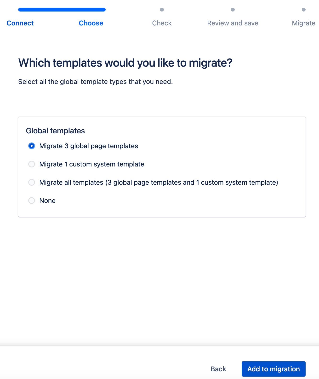 Select the global template to migrate