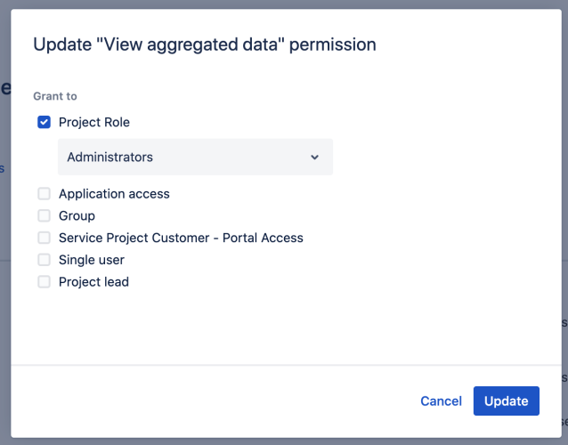 A cropped screenshot of the permission update modal, showing the different user groups who can be granted access.