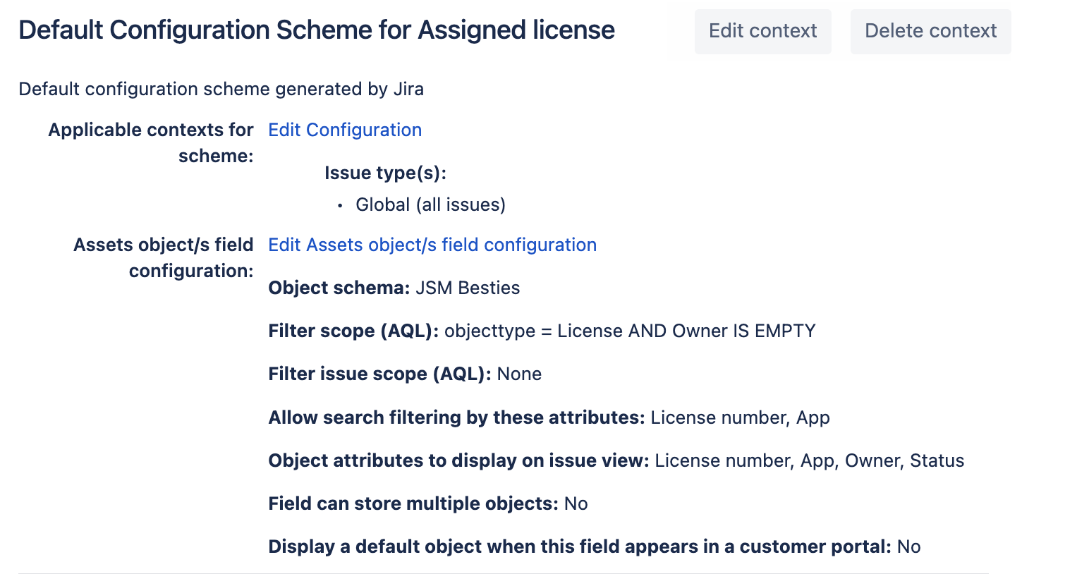 Screenshot showing the Assets Object Field configuration 