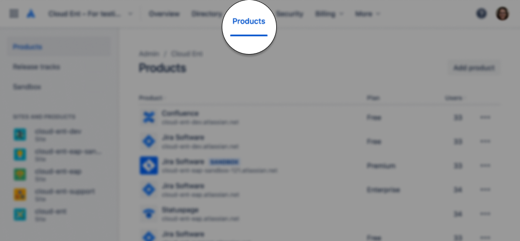 A spotlight on the Products tab in admin.atlassian.com, while the rest of the screenshot is blurred. 