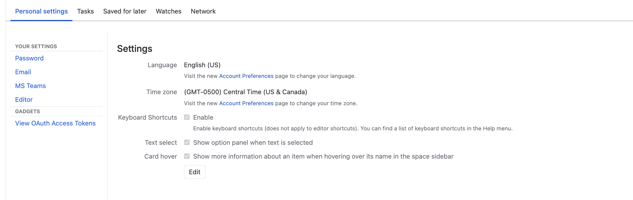A screencapture of the user settings page.