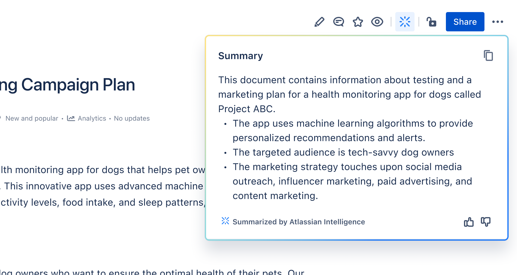 Confluence のツールバーに表示される Atlassian Intelligence アイコンの例