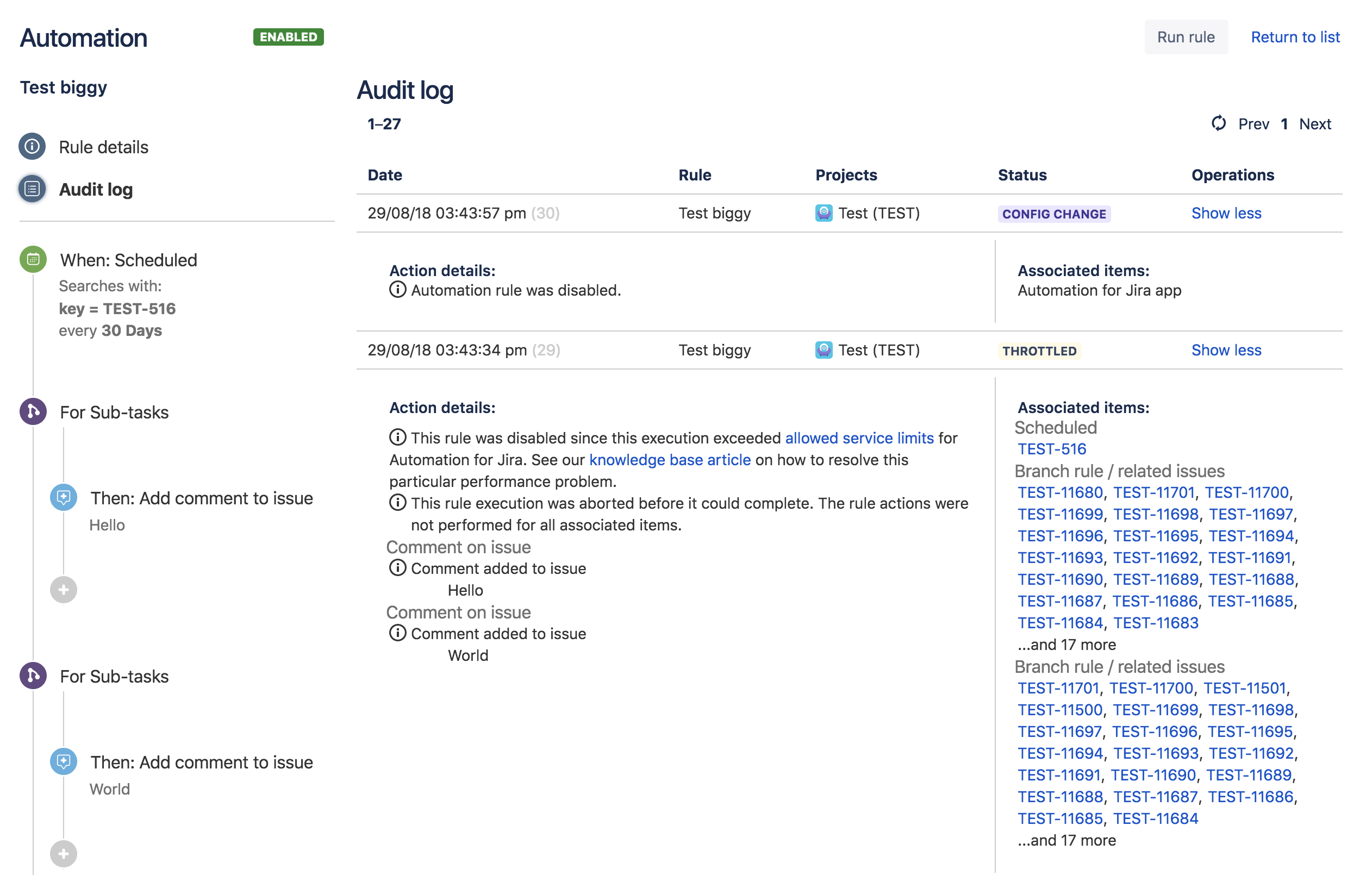 Audit Log screen in Jira automation. It shows a rule has breached limits, and provides detailed information about the breach.