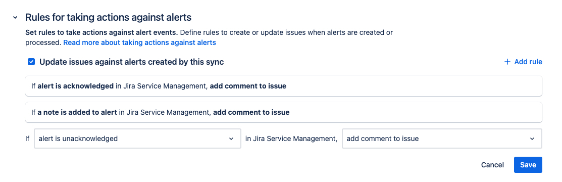 Rules for actions against alerts in Sync