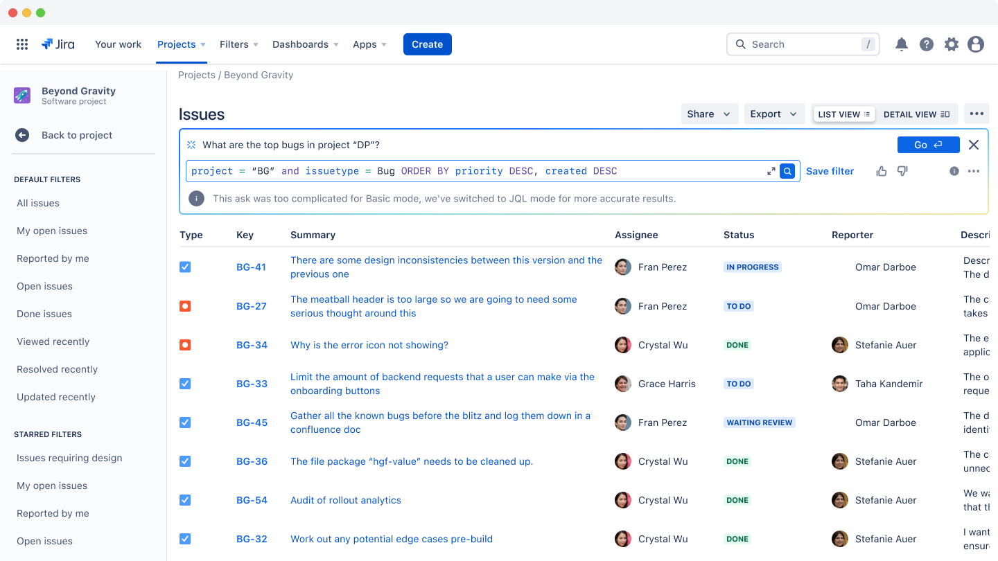 Using Atlassian Intelligence to search for issues in Jira Software Cloud