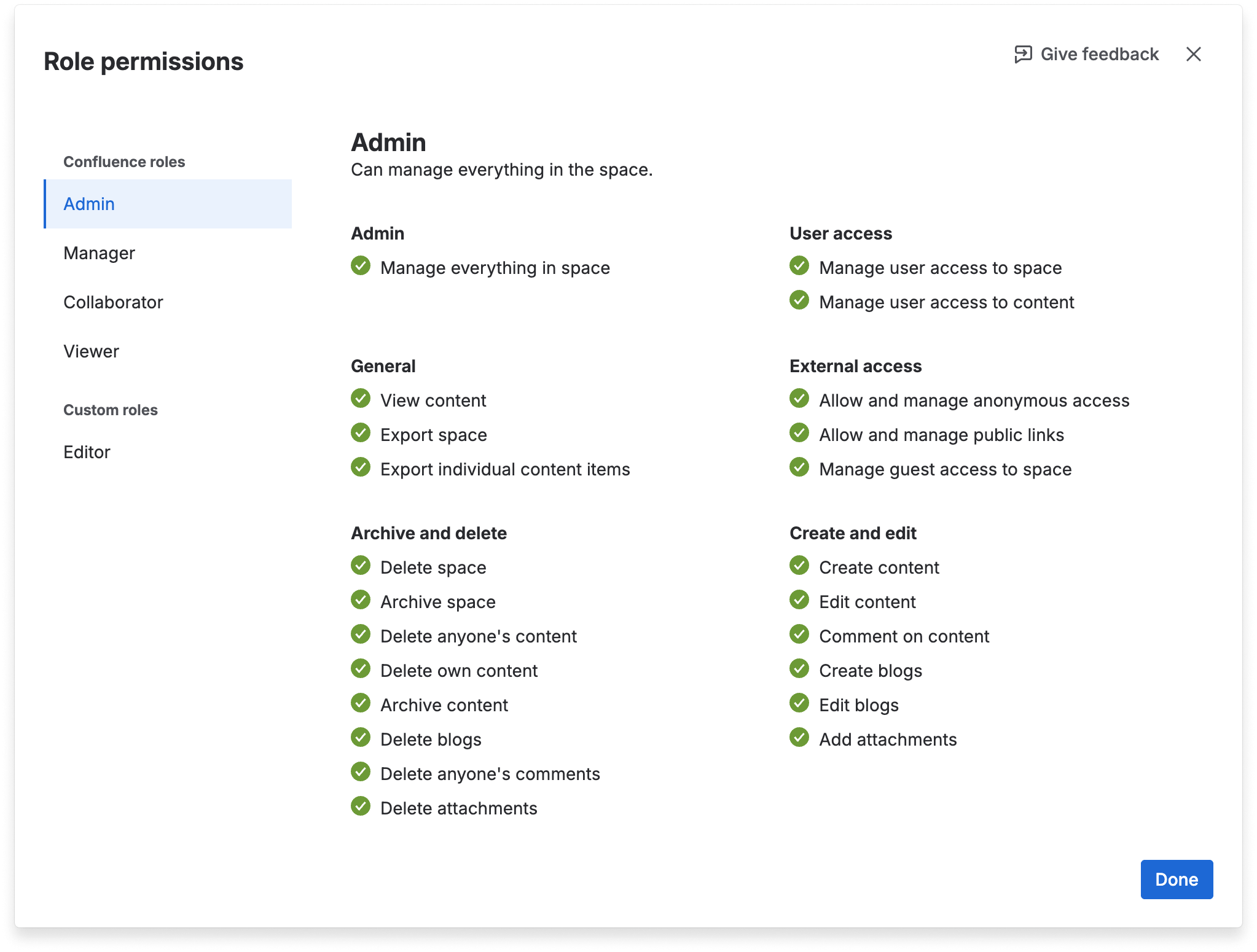 View of an admin's permissions in Confluence