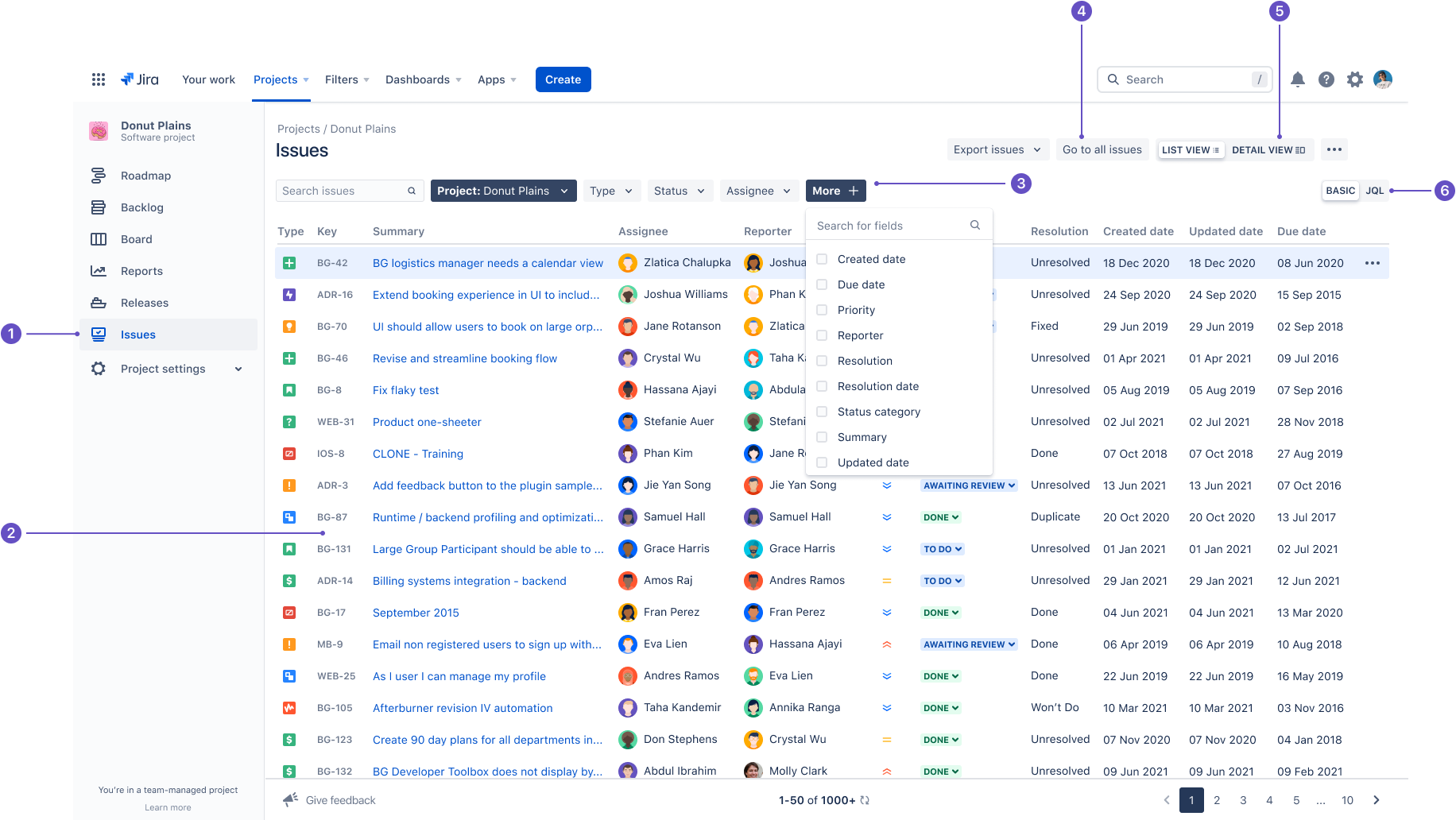 List view with issues in team-managed project