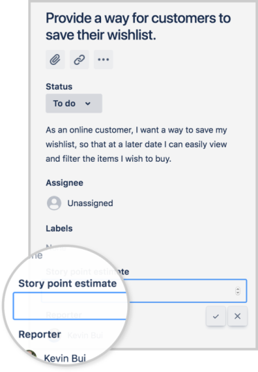 An issue detail view. The story point estimate field is spotlighted, but other fields are visible.