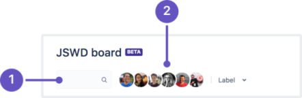 A cropped and annotated team-managed board, focused on the filter feature. Featuring: 1 a search bar, 2 board member avatars