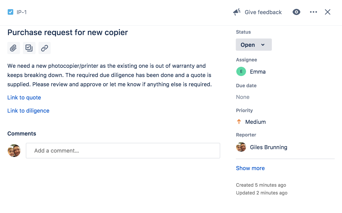 An open Jira issue assigned to Emma, which is a purchase request for a new copier. It has a description and medium priority.