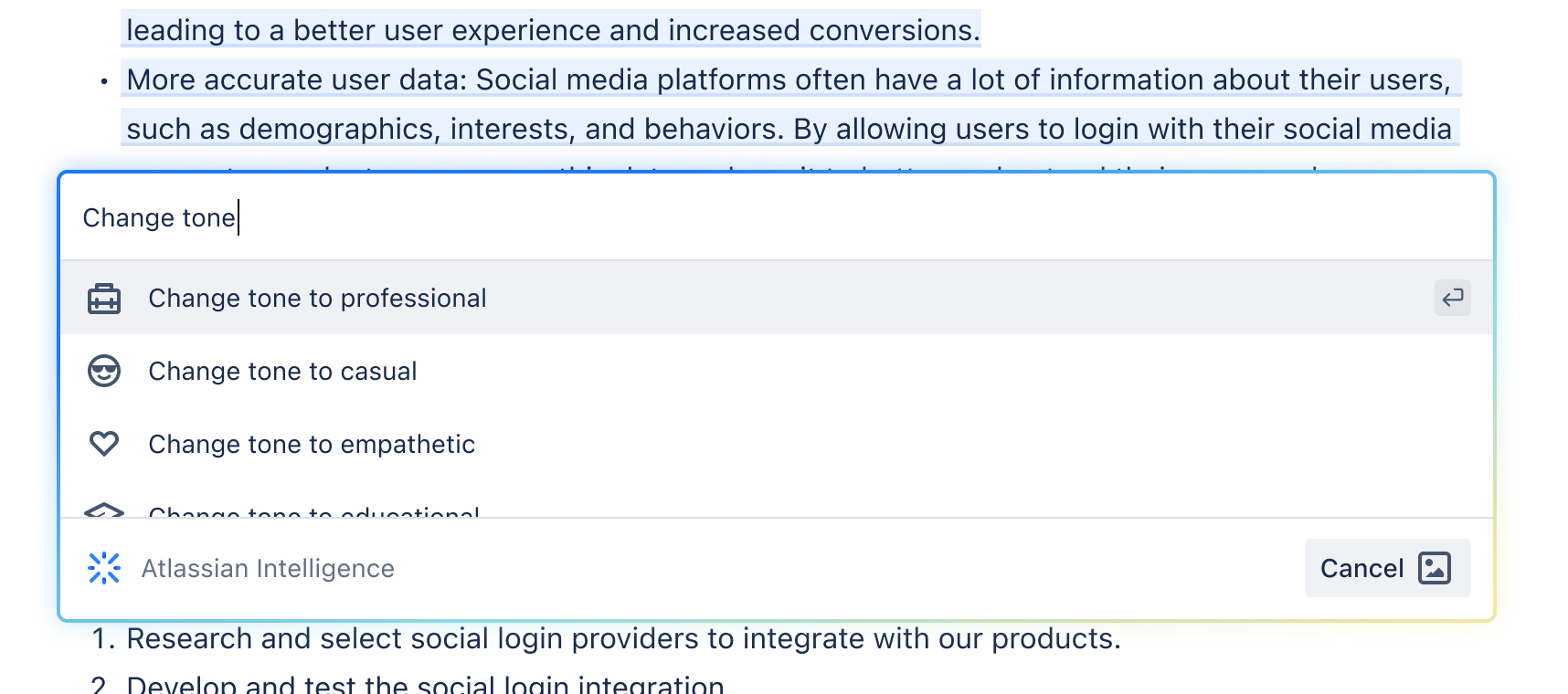コンテンツ編集時における Atlassian Intelligence の操作例