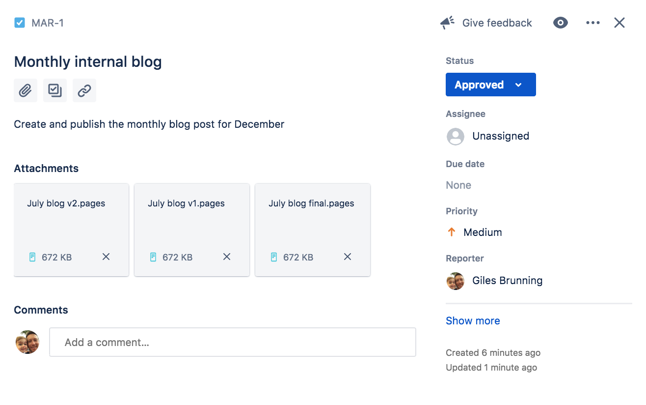 Jira task in the the approved status to create a monthly internal blog post. Attached are draft versions of the post.