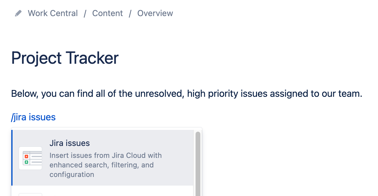 Select Jira issues from /jira in Confluence