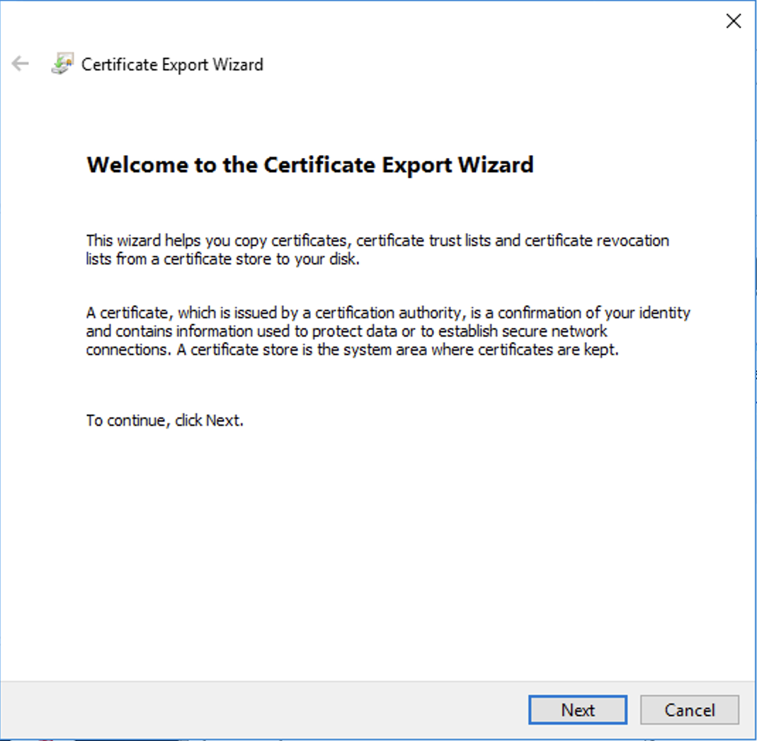 Welcome screen of the certificate export wizard, with explanation about the wizard
