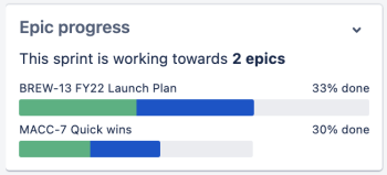 A cropped screenshot of the epic progress insight showing two epics being worked on by the current sprint.