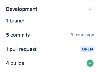 Screenshot of the development panel in Jira displaying the branch, commits, pull request and builds relevant to the issue..
