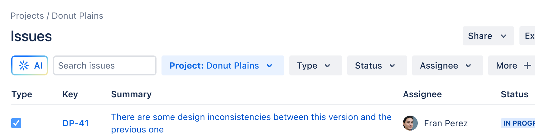 An example of interacting with Atlassian Intelligence when searching for issues in Jira