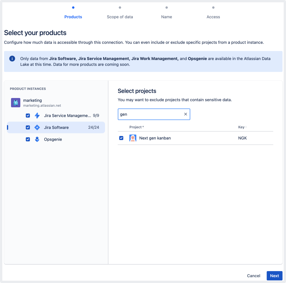 Searching for projects with 'gen' in the name to customize project selection for Jira Software.