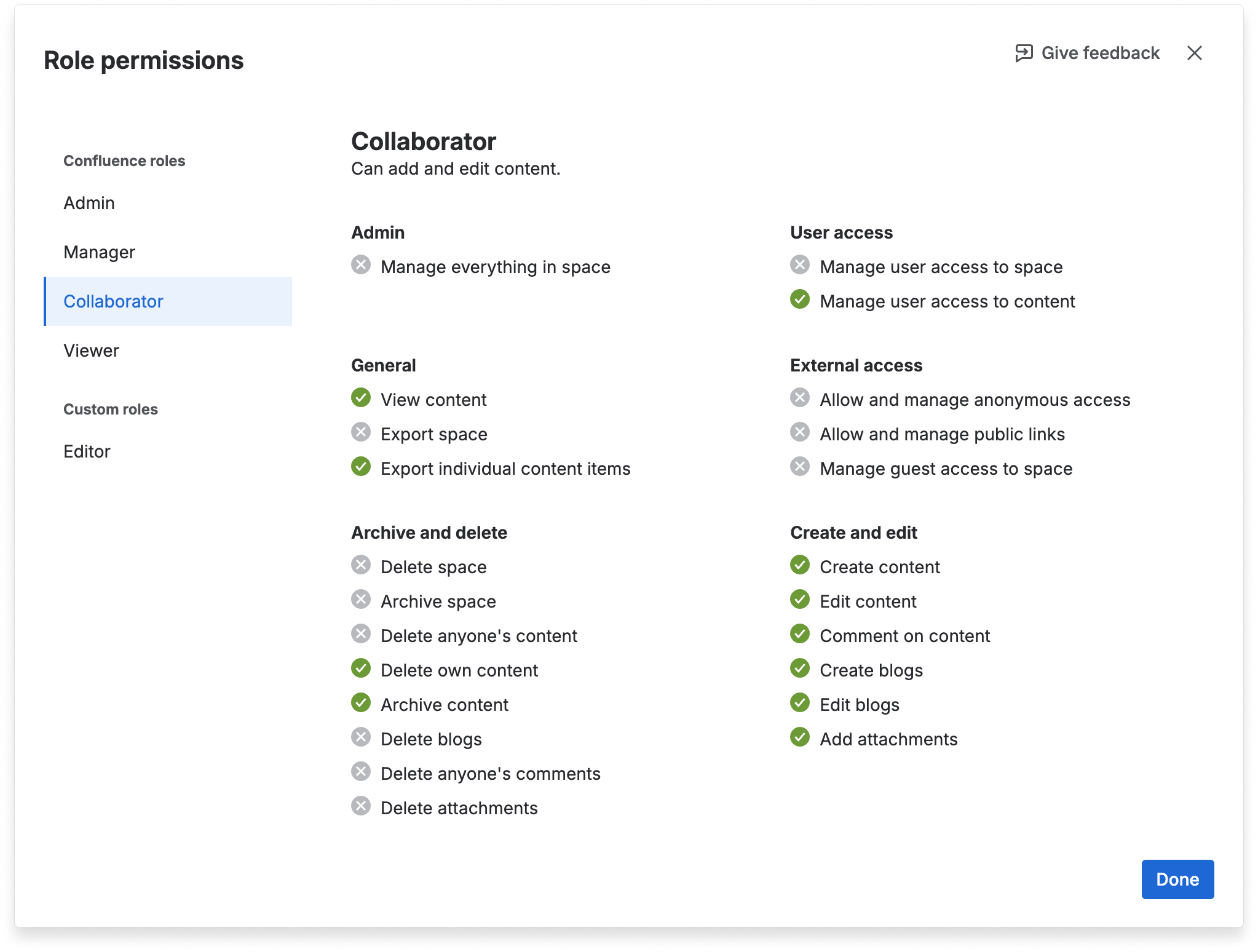 A view of the permissions available for the Collaborator role.