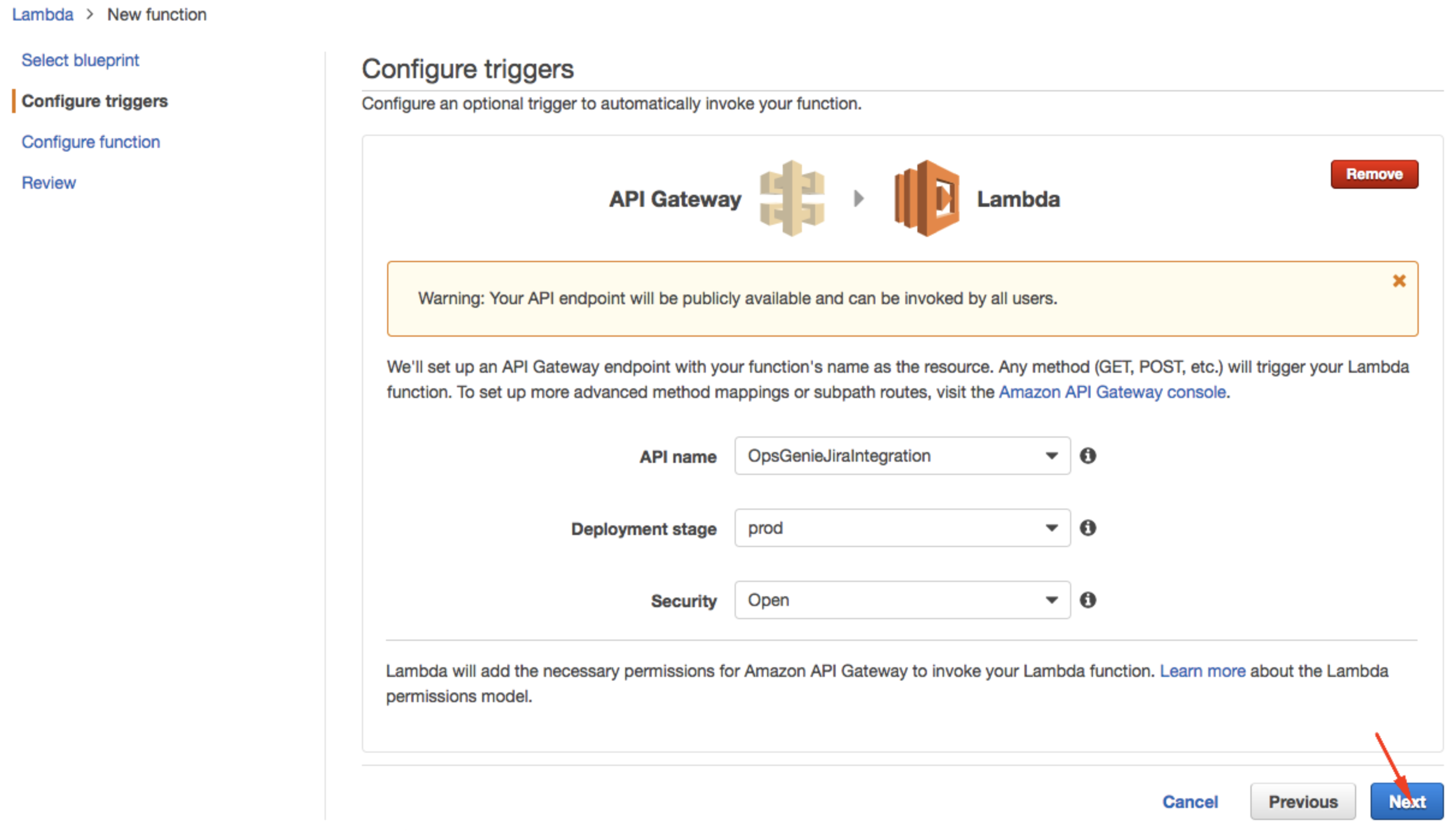 An image showing the navigation for configure triggers in AWS Lambda.
