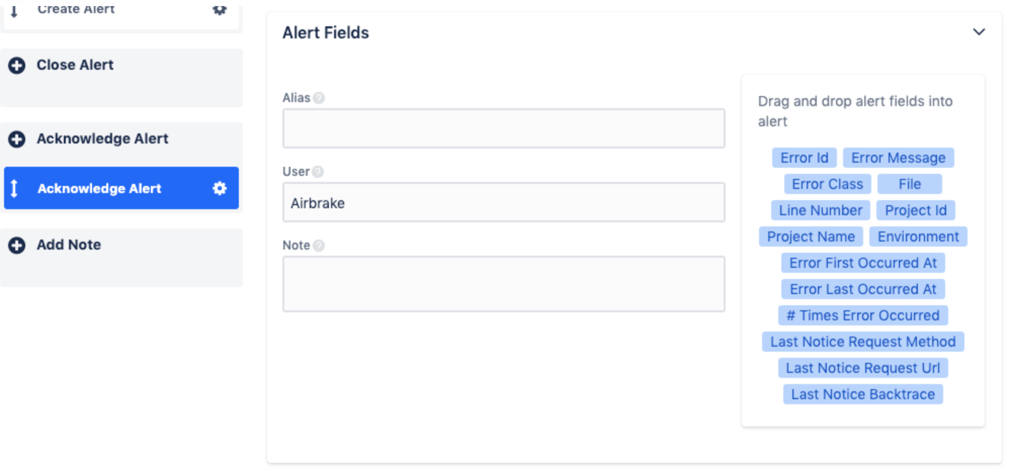 An image showing editable alert fields in an action.