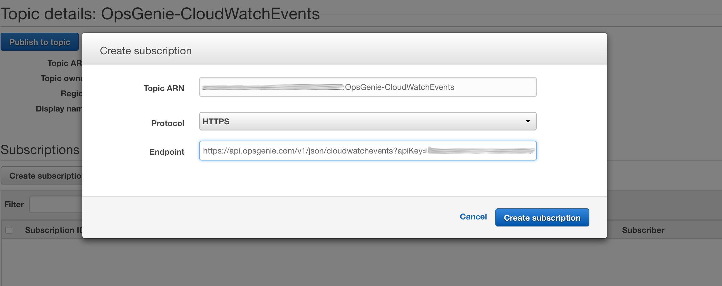 CloudWatch Events create subscription