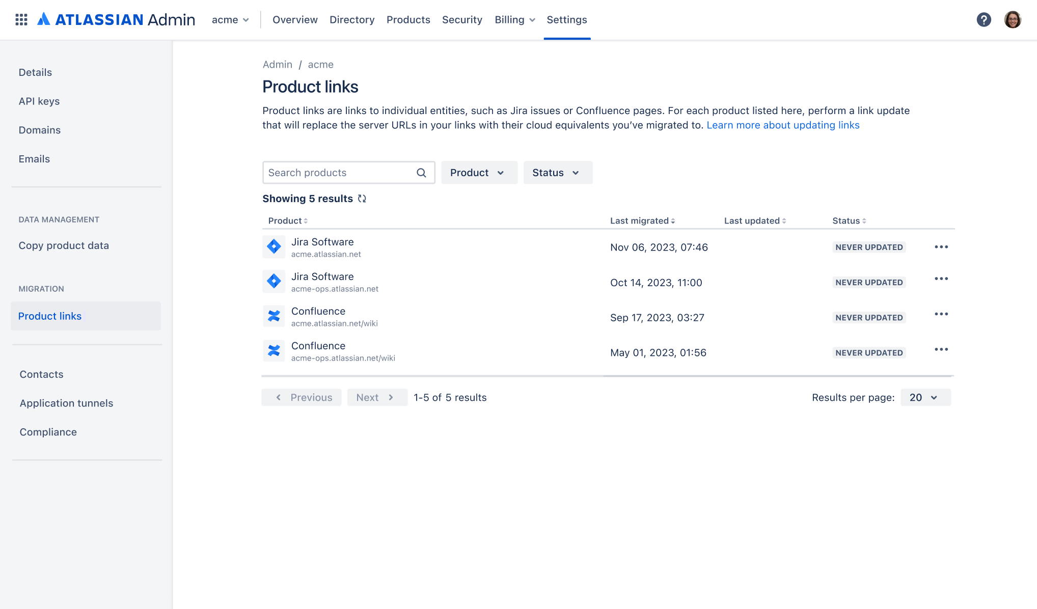 Landing page of product links in admin.atlassian.com