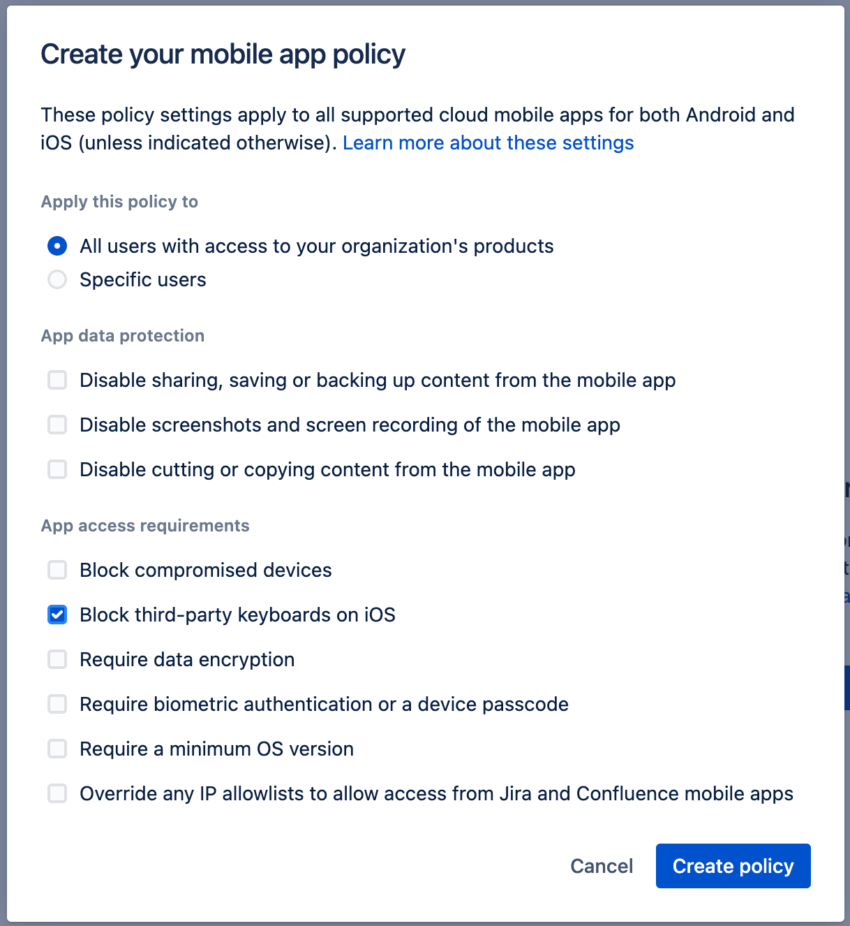 Shows and describes mobile app security settings