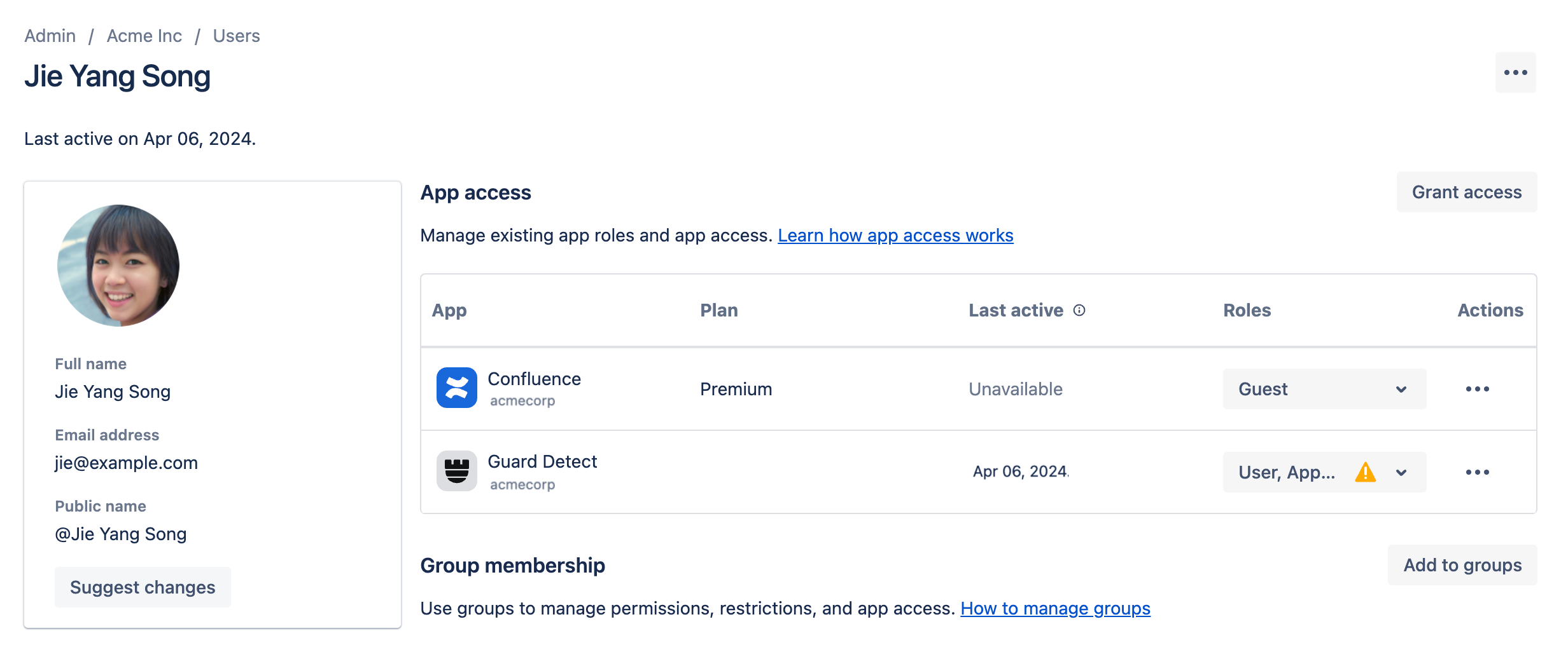 User profile screen showing a user granted the app admin role