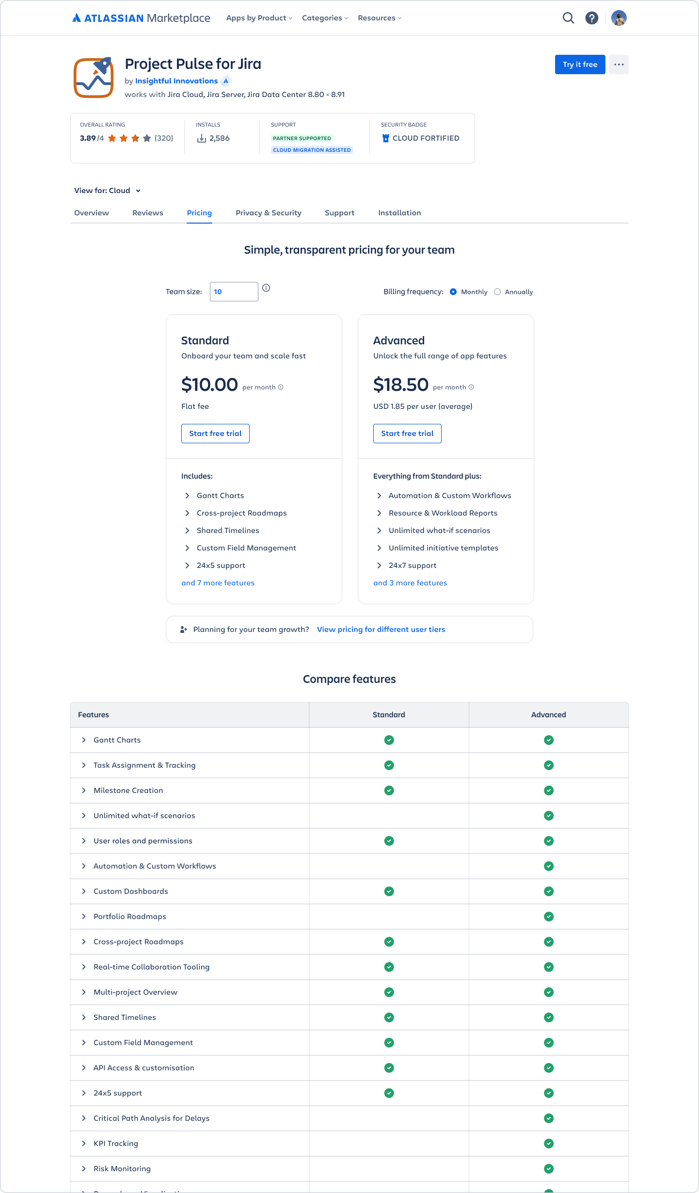 Comparison of pricing and features on the Marketplace Pricing tab