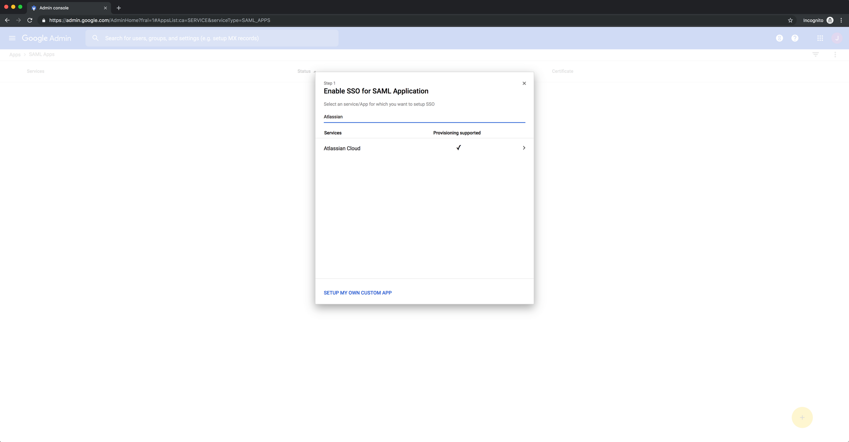 Screenshot of Enable SSO for SAML Application page 