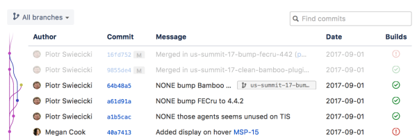 Screenshot of a BitBucket commit screen displaying various messages associated with a commit.
