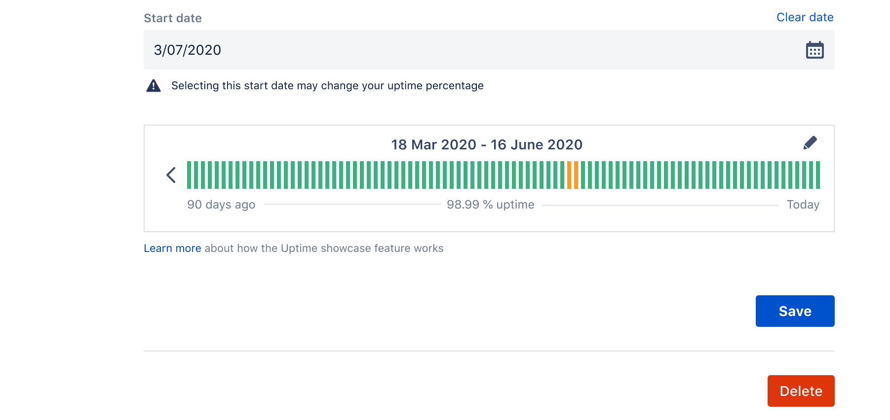 Shows the uptime showcase when setting a new start date
