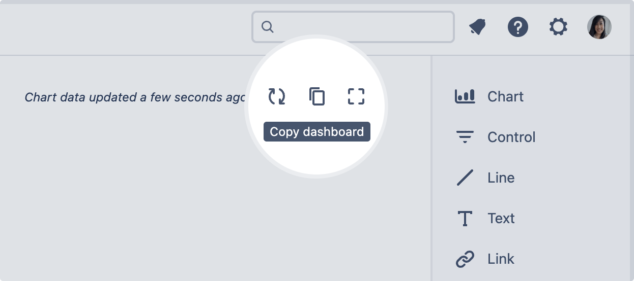 "Copy dashboard" button highlighted in the dashboard toolbar