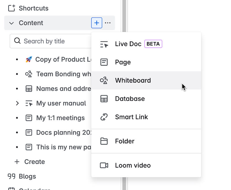 Selecting the whiteboard option from the content tree create button