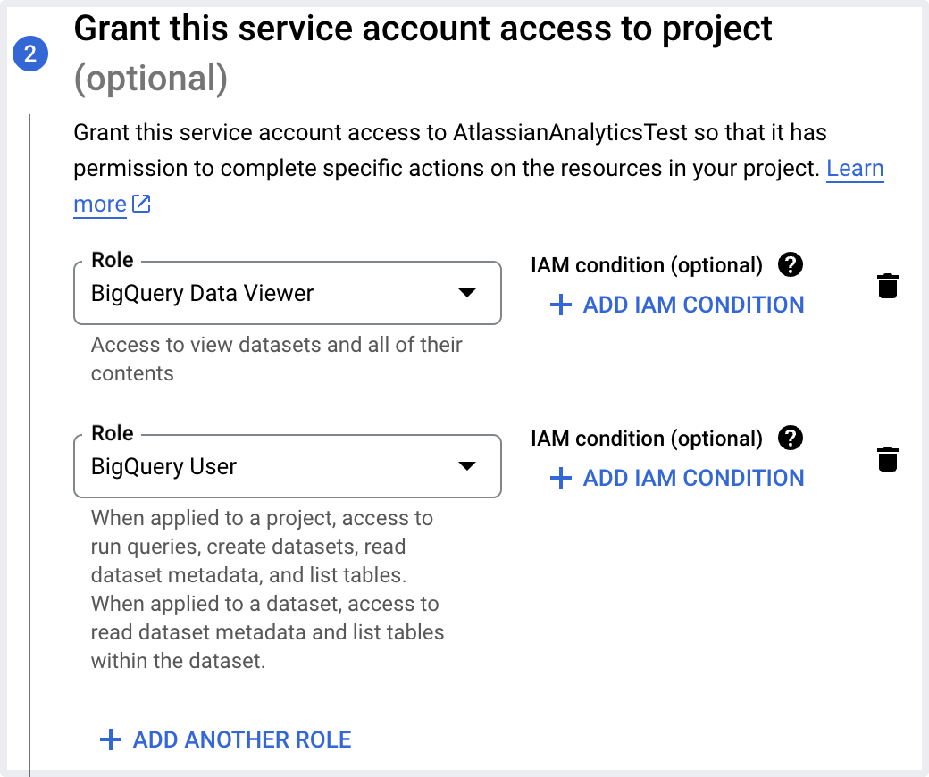 New service account with BigQuery Data Viewer role and BigQuery User role