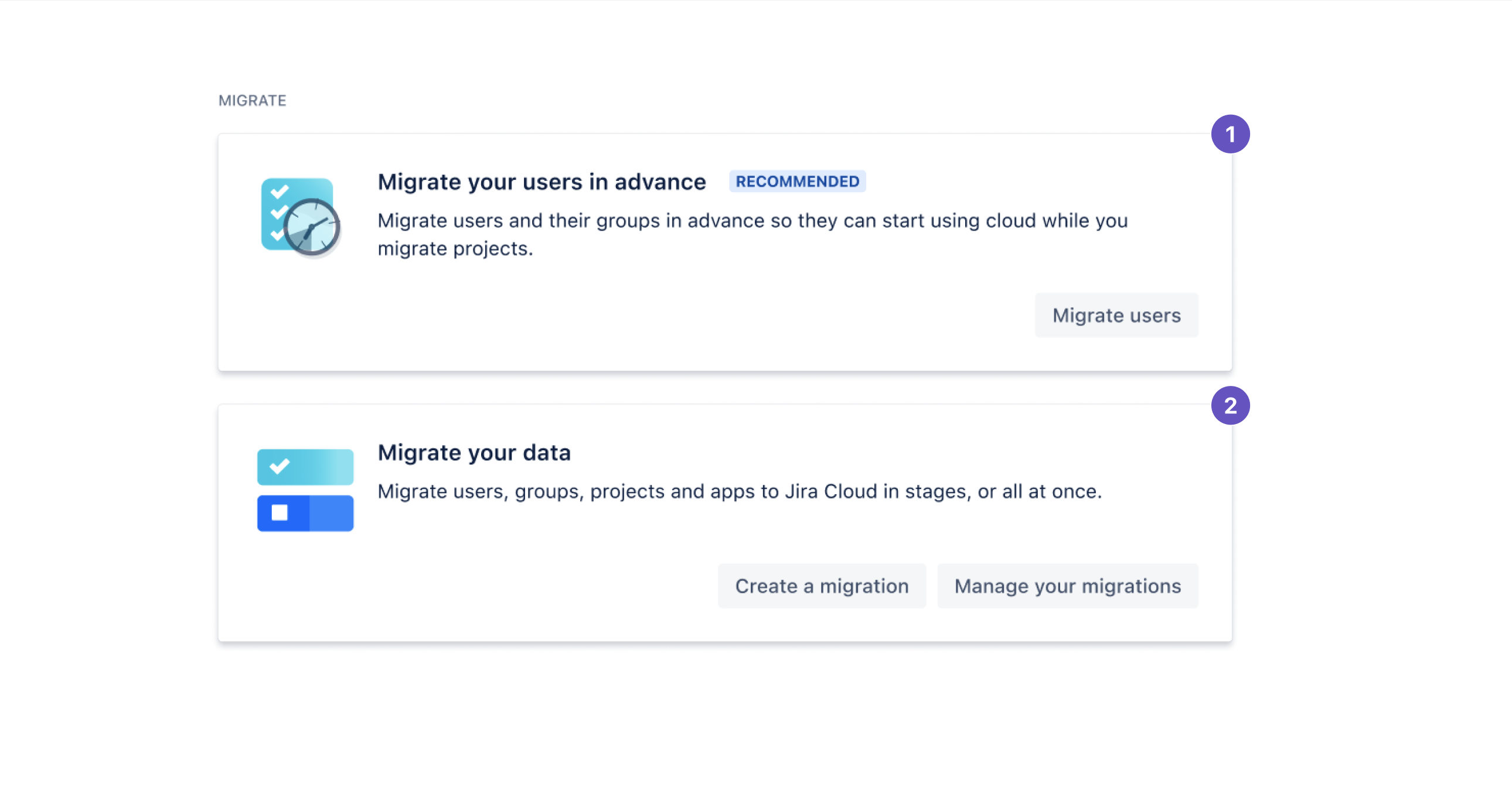 Options to migrate users separately or together with data, as shown on the home screen.