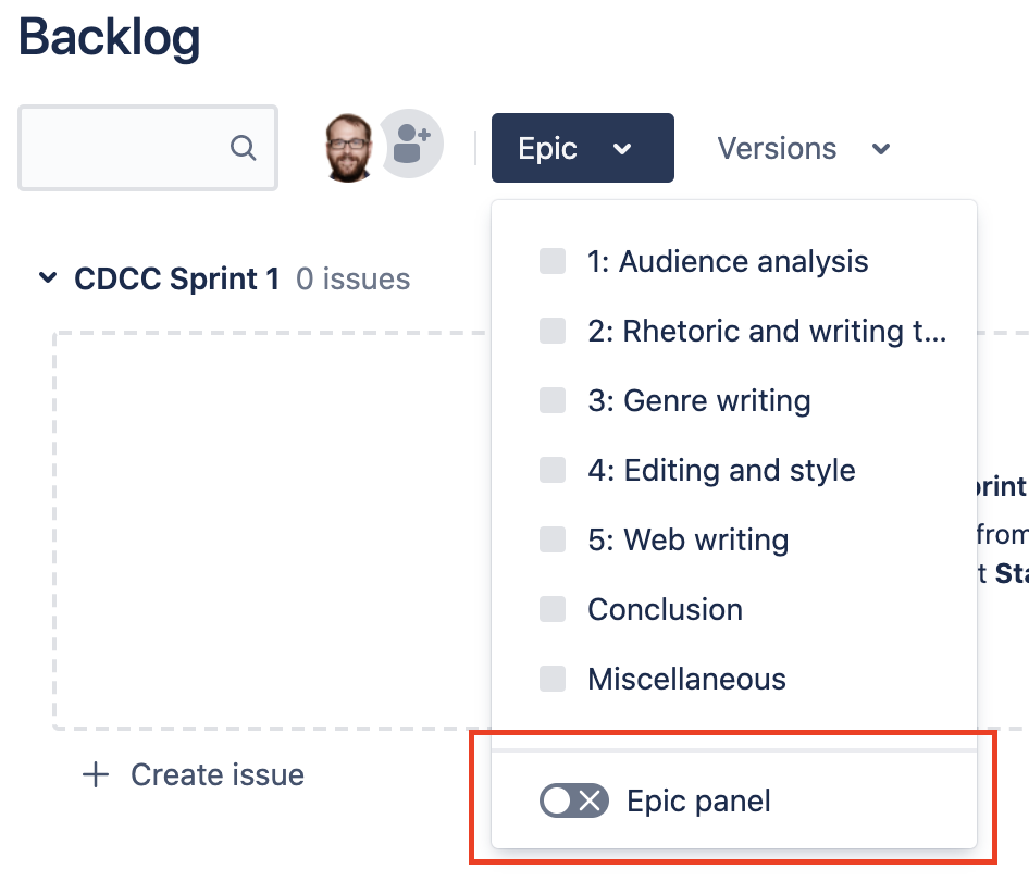 The epic panel toggle appears in the Epic dropdown in your backlog's search and filter bar.