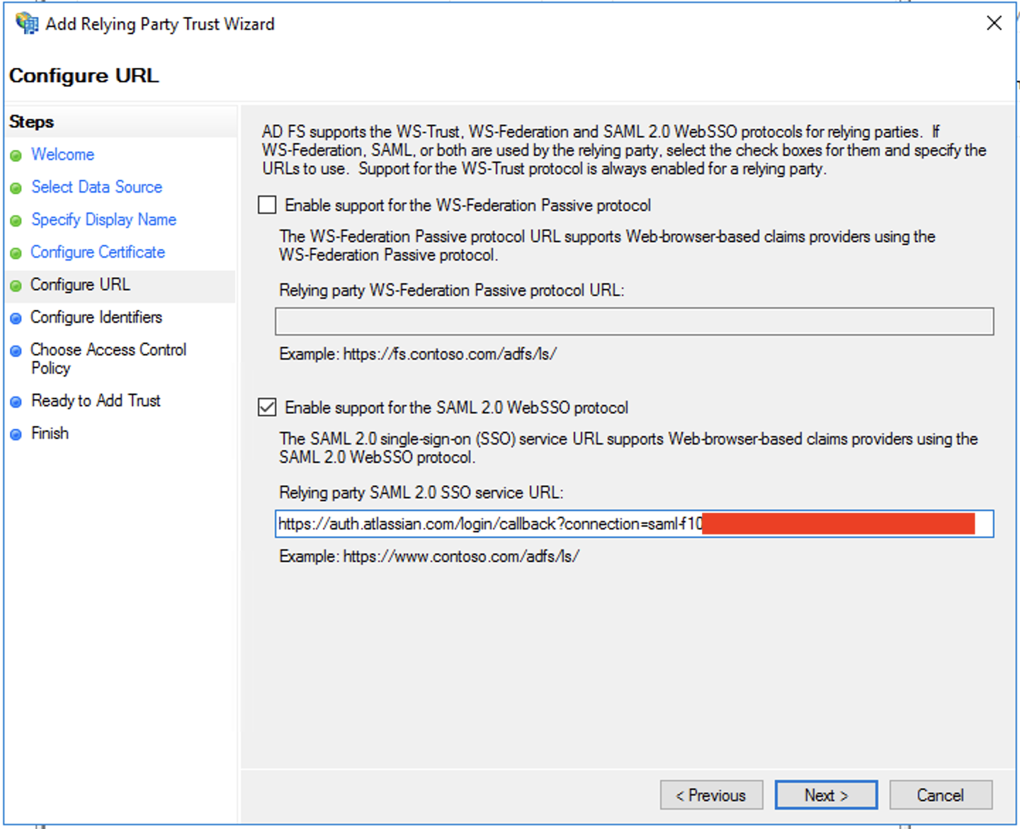 Add relying party trust wizard, configure URL step