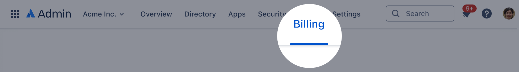 Billing page in Atlassian Administration. Billing is the fifth item in the primary navigation.