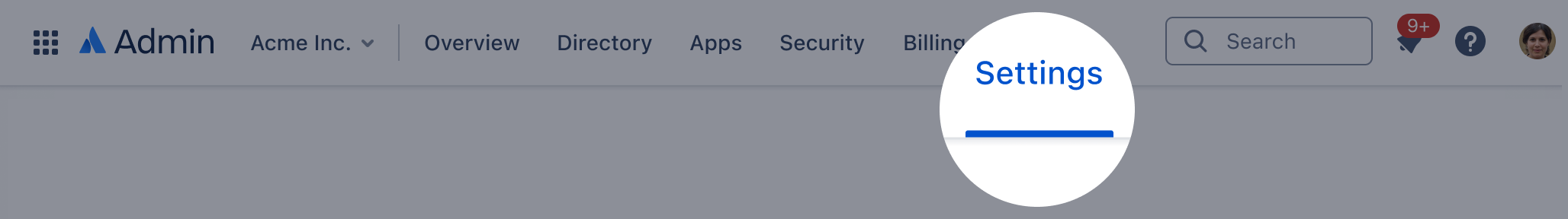 Settings page in Atlassian Administration. Settings is the sixth item in the primary navigation.