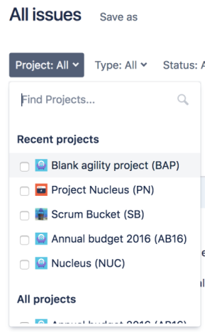 A cropped issue view, displaying a Project:All dropdown filter. There's a section for recent projects and all projects.