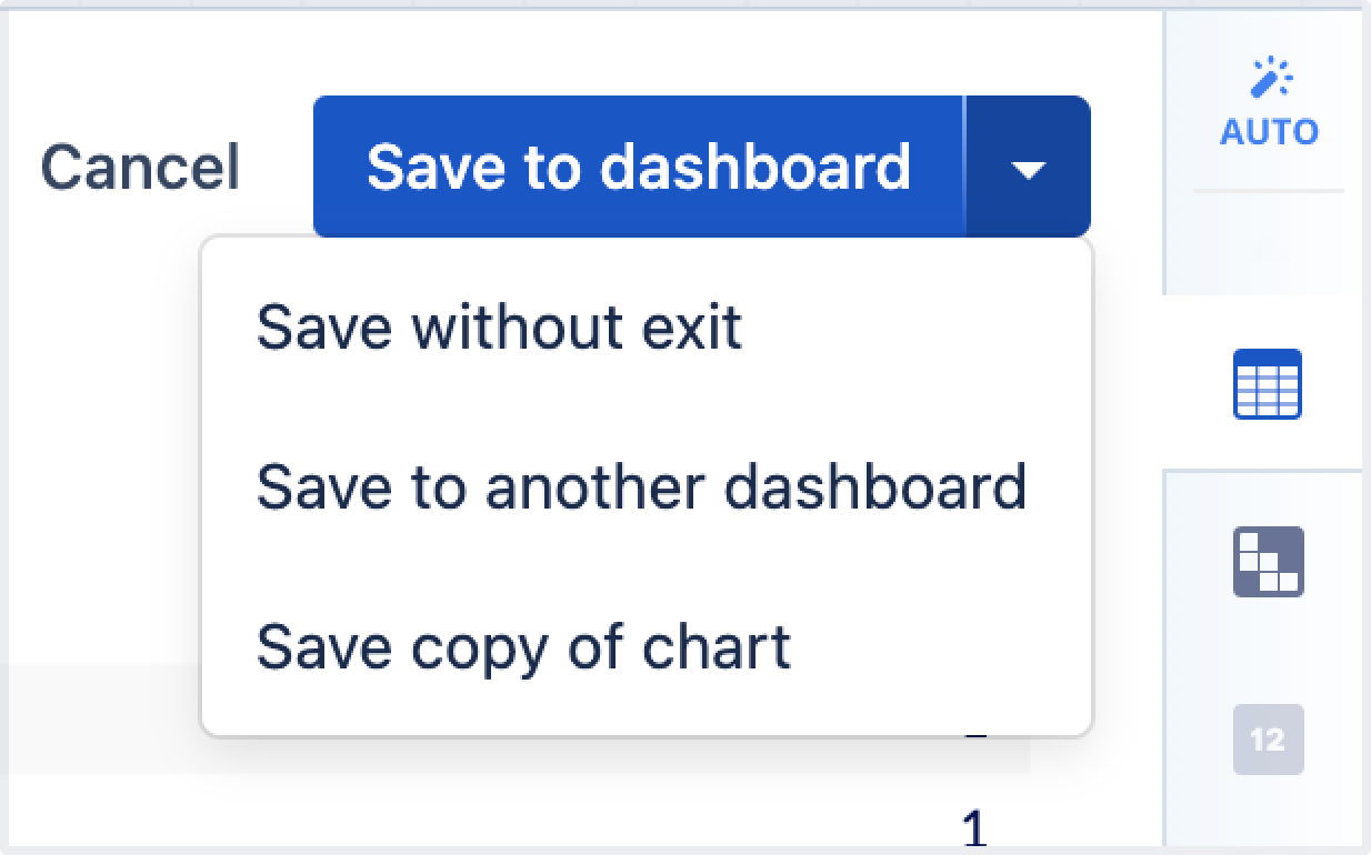 Menu options for saving a chart to a dashboard