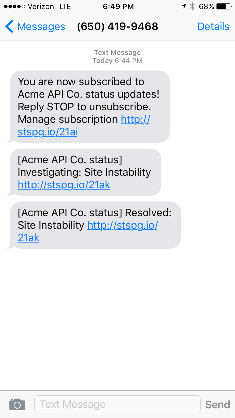 An example text notification that SMS subscribers receive for incident updates