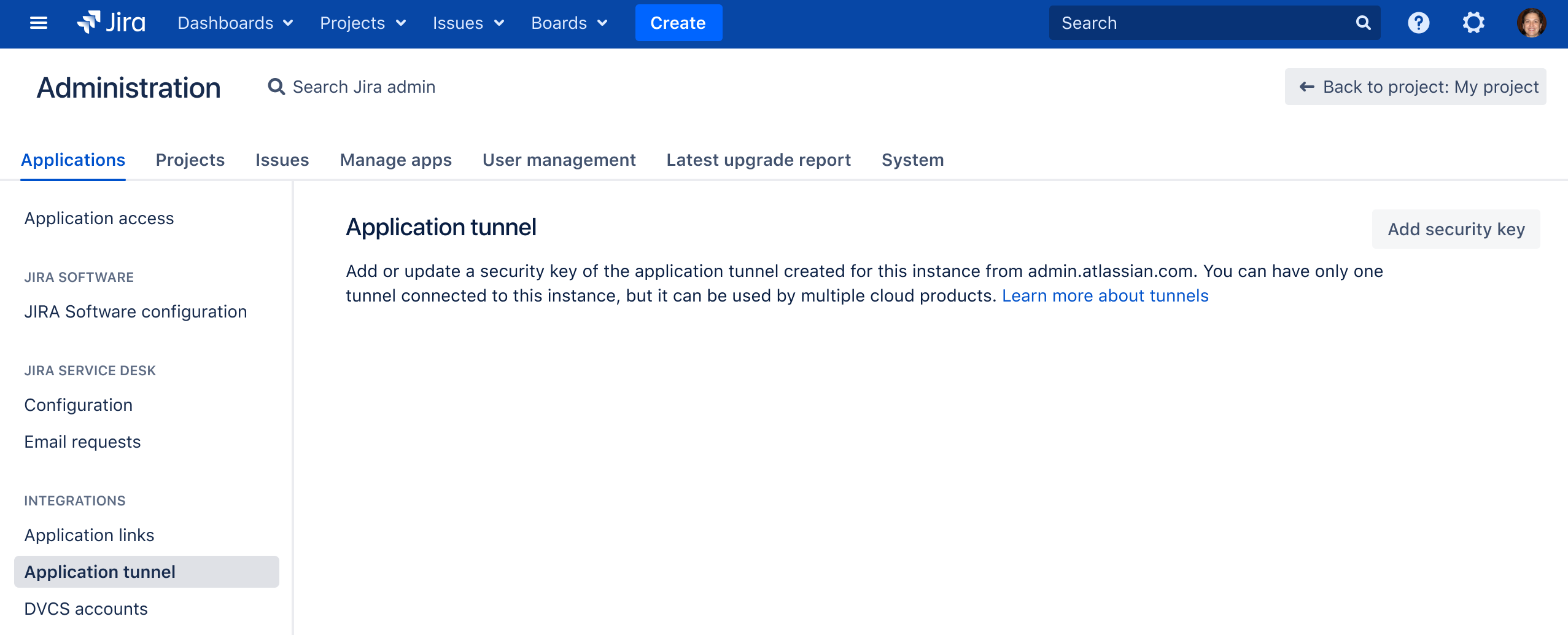 Application tunnels page after installing the Marketplace app.