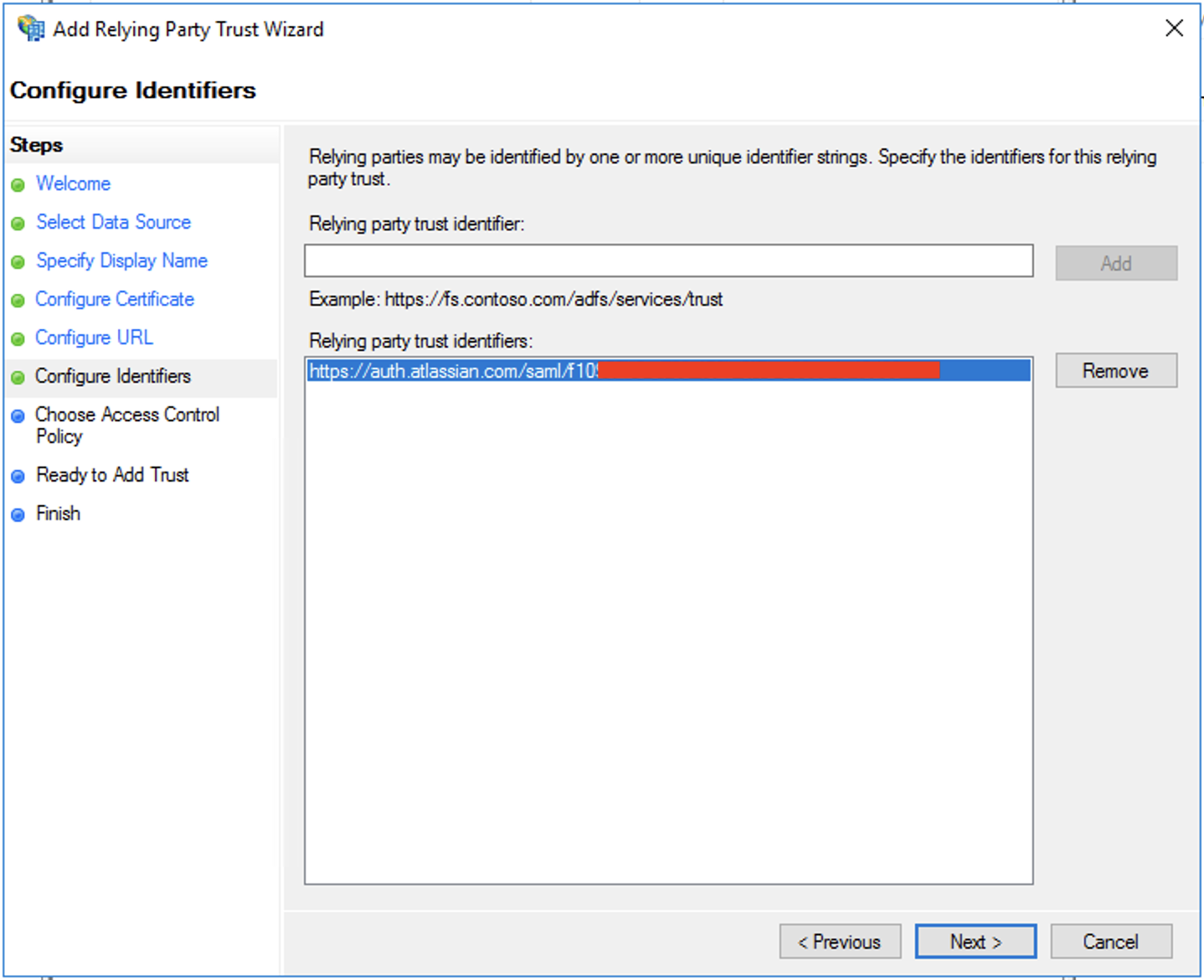 Add relying party trust wizard, configure identifiers step