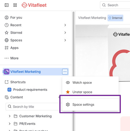 Access space settings from the sidebar by accessing the space name and its more actions menu