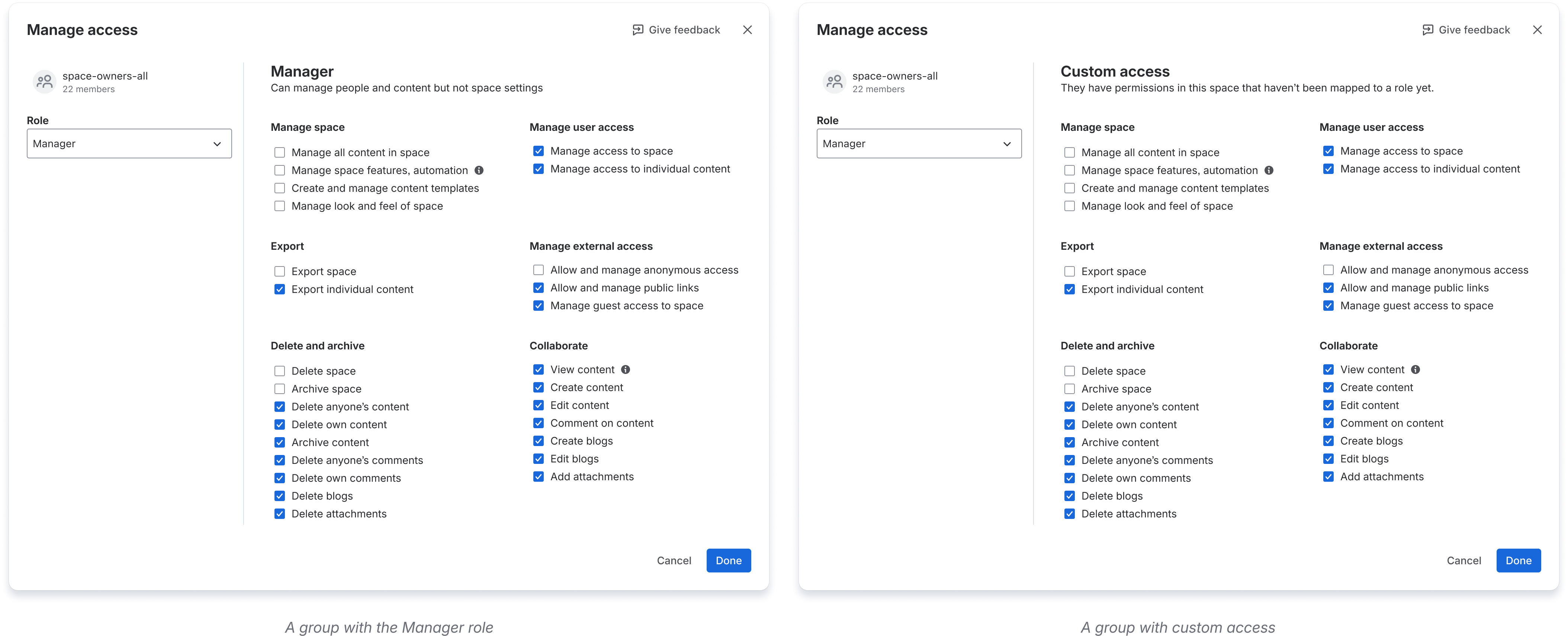 A comparison of a Confluence user group with the manager role and one with custom access.