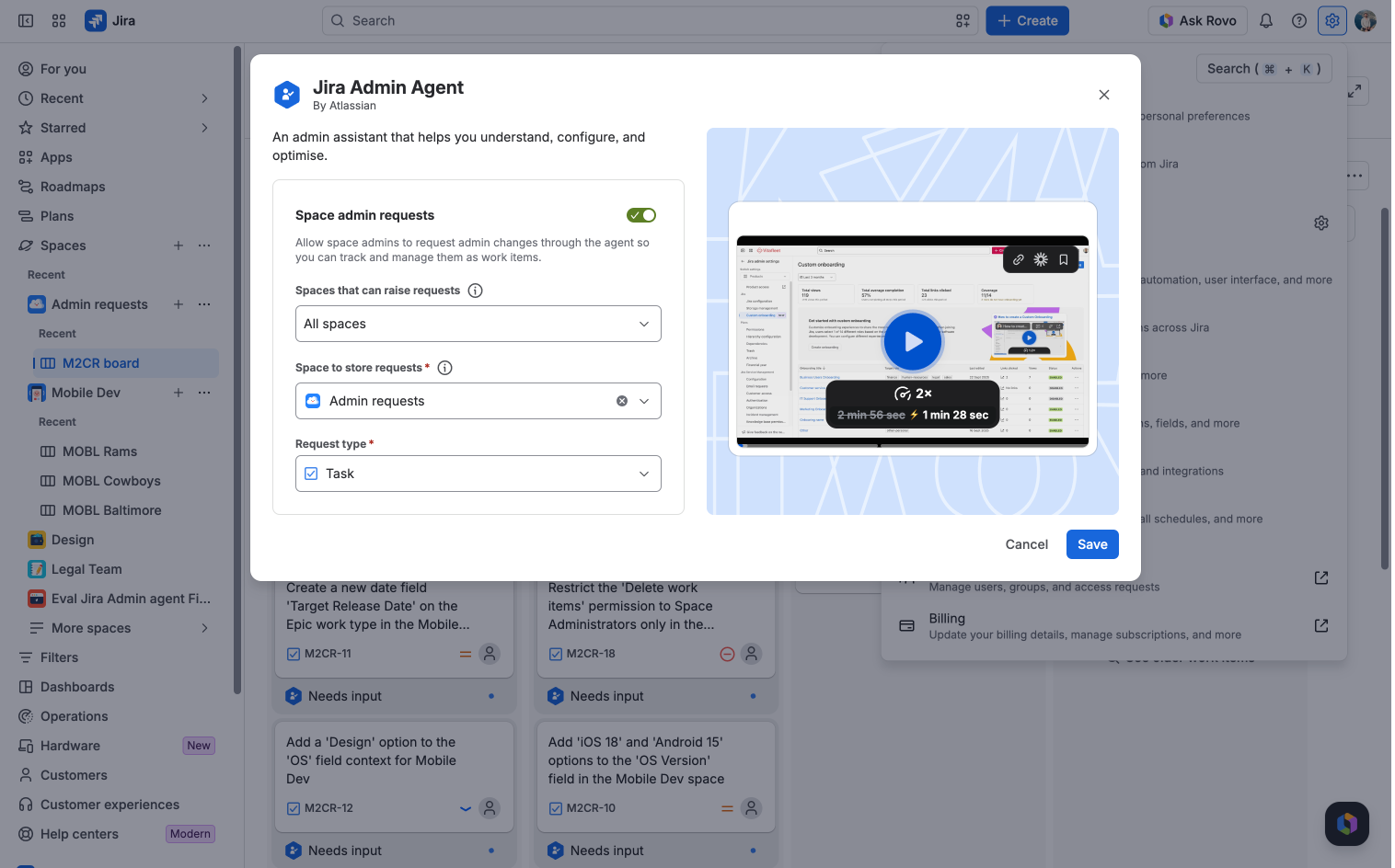 Jira Admin Agent configuration window for agent requests